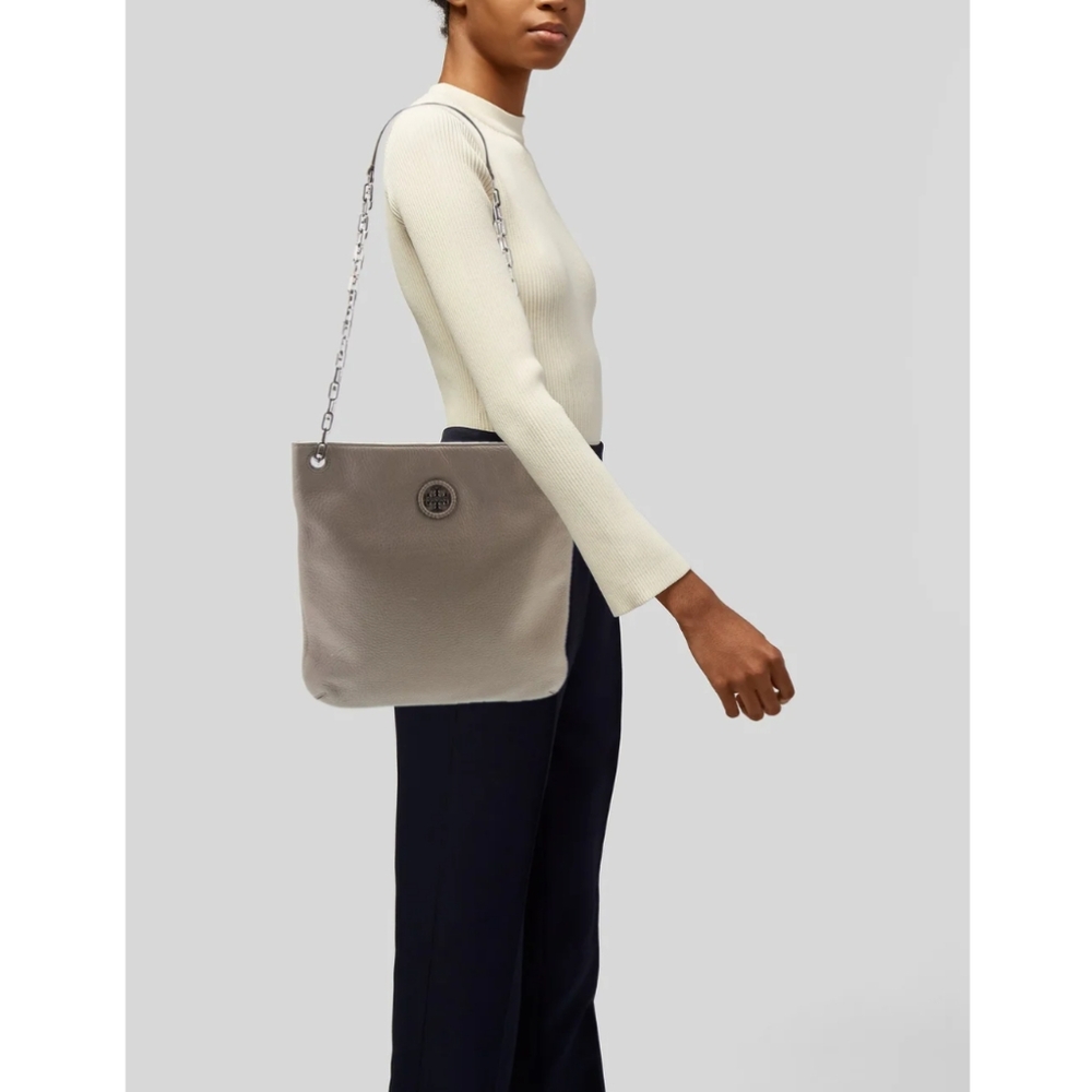 TORY BURCH Whipstitch Logo Taupe Pebbled Leather Swingpack Convertible Bag